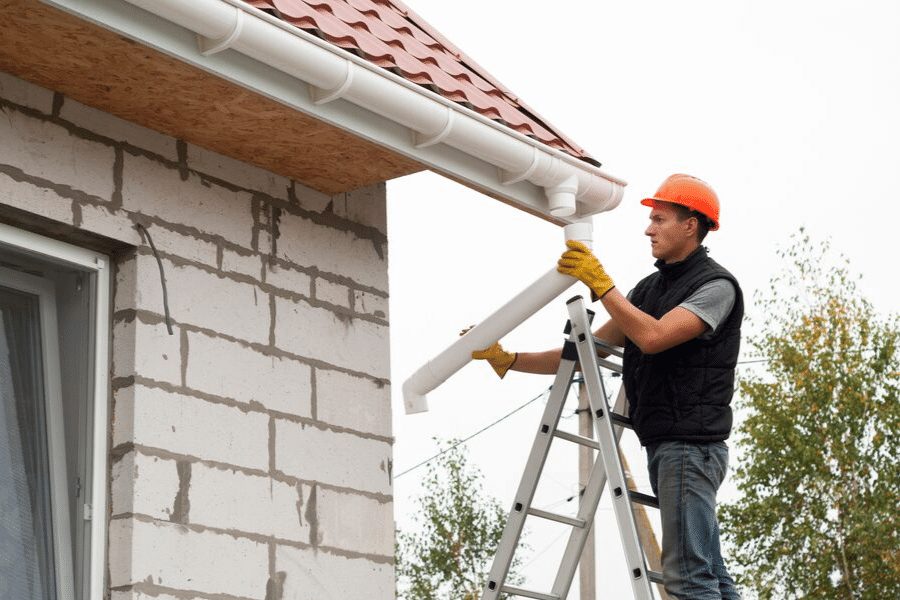 A downspout being attached to the corner of a home.